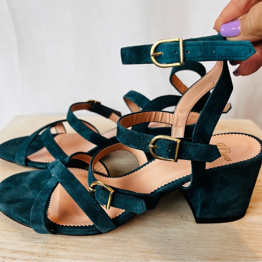 J. Crew Teal Suede Block Heel Sandals